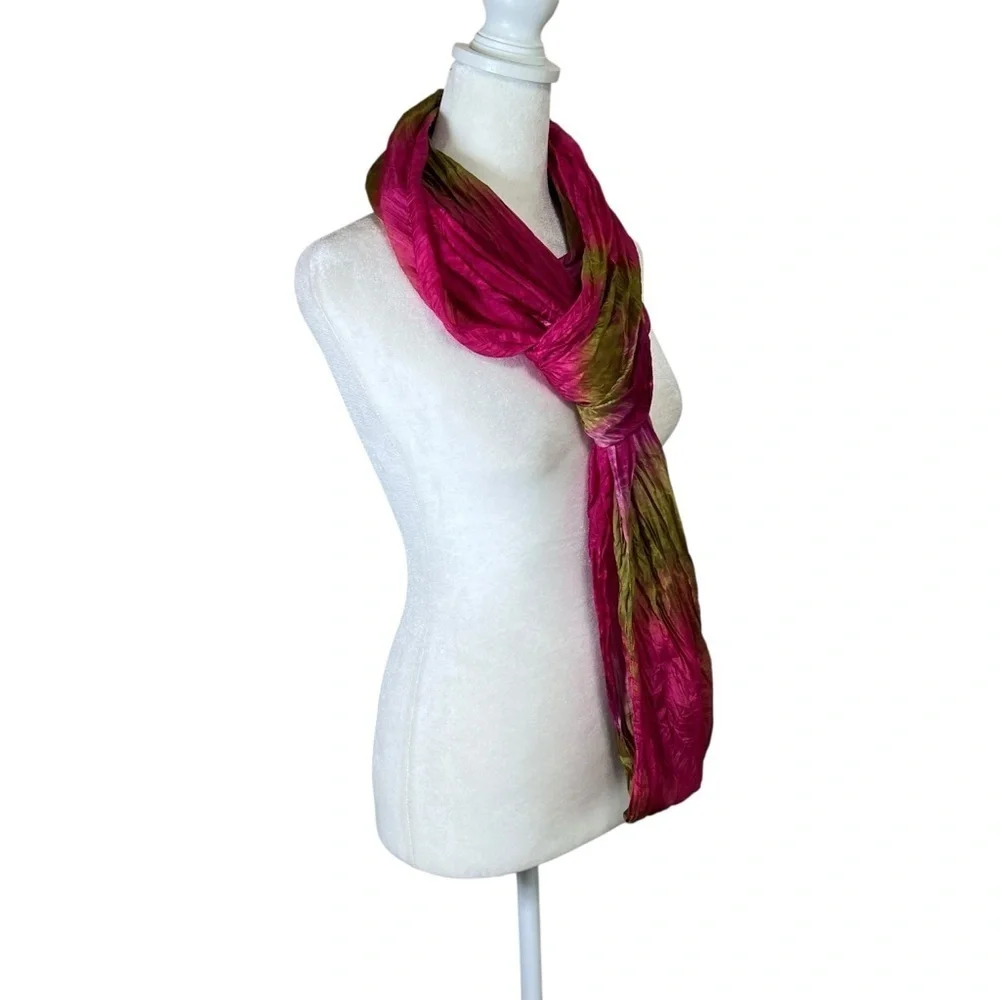 VTG Infinity Scarf Shawl Cowl Wrap Fuchsia Olive Green Silky Boho Colorful Chic